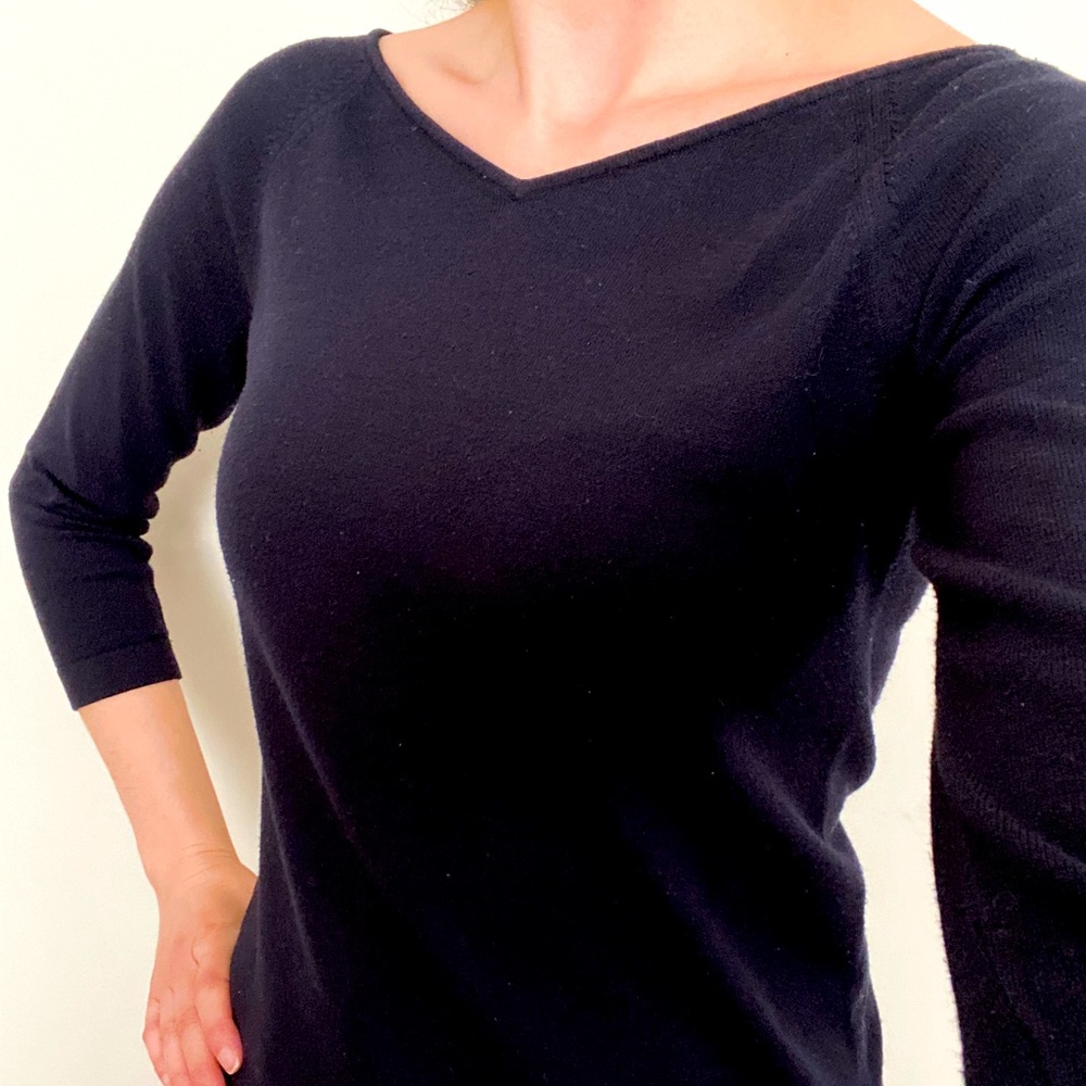 Ann Taylor Petite Navy Top Boat Neck 3/4 Sleeves